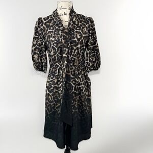 Vince‎ Camuto Leopard Print Tie Neck Dress Womens Size 4 Midi Puff Sleeve